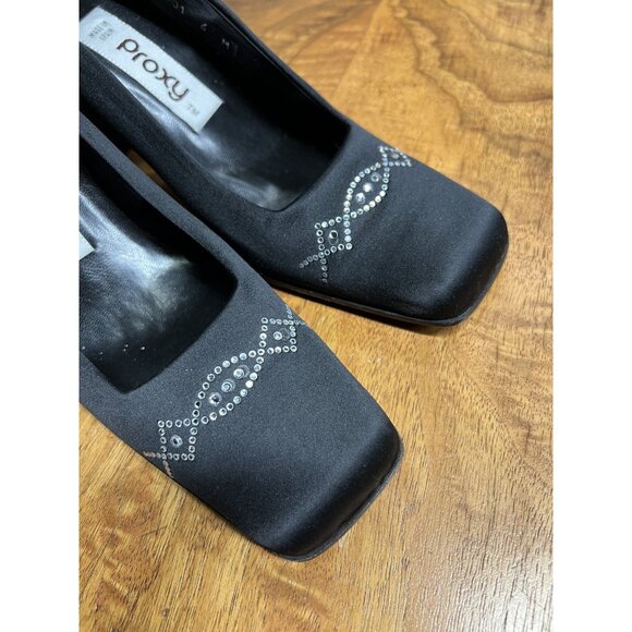 Vtg 90s Proxy Women’s 6 Black Square Toe Made In Spain Pumps Shoes Block Heels - Picture 2 of 8